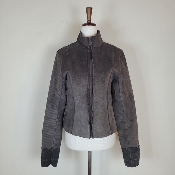 Express Jacket Women Small Brown Suede Leather Sherpa Lined Zip Stand Collar 90s - Picture 1 of 13